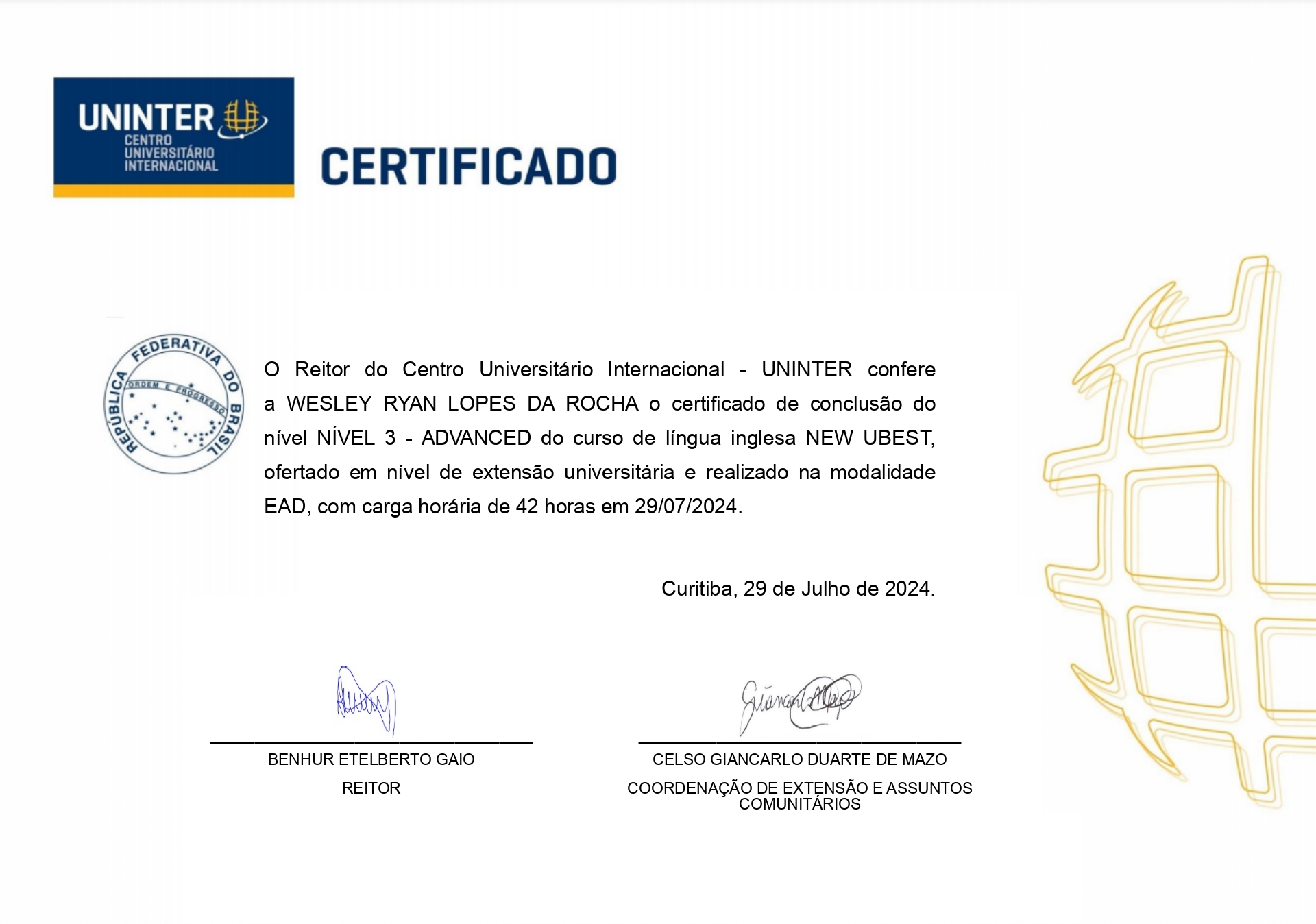 Certificado Inglês Avançado